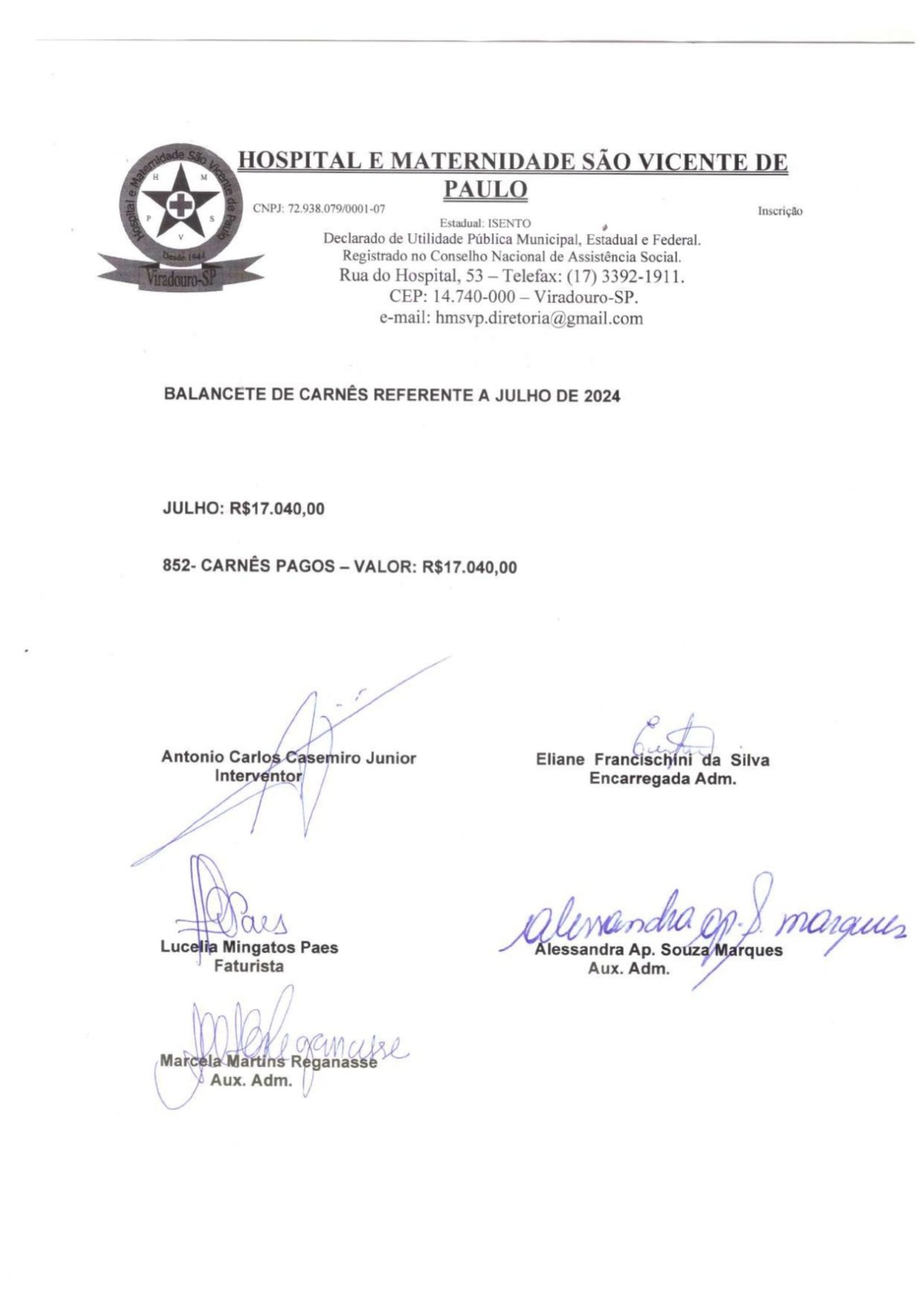 Balancete de Carnês Referente a Julho de 2024