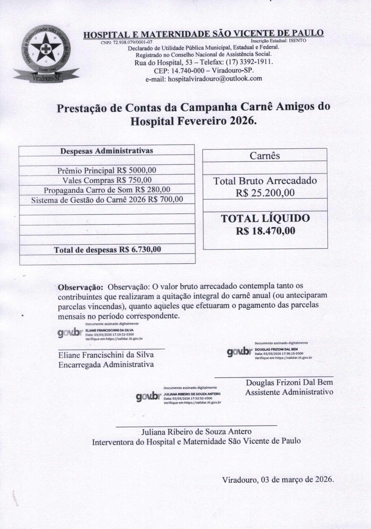 BALANCETE DE CARNÊS REFERENTE A FEVEREIRO 2026