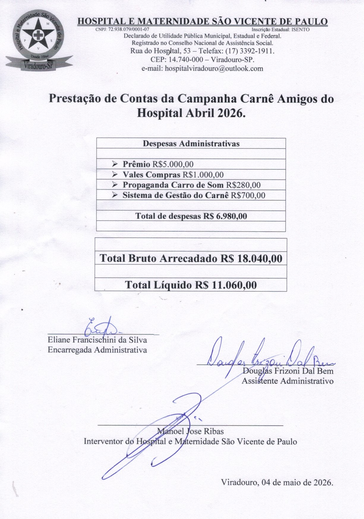 BALANCETE DE CARNÊS REFERENTE A ABRIL 2026