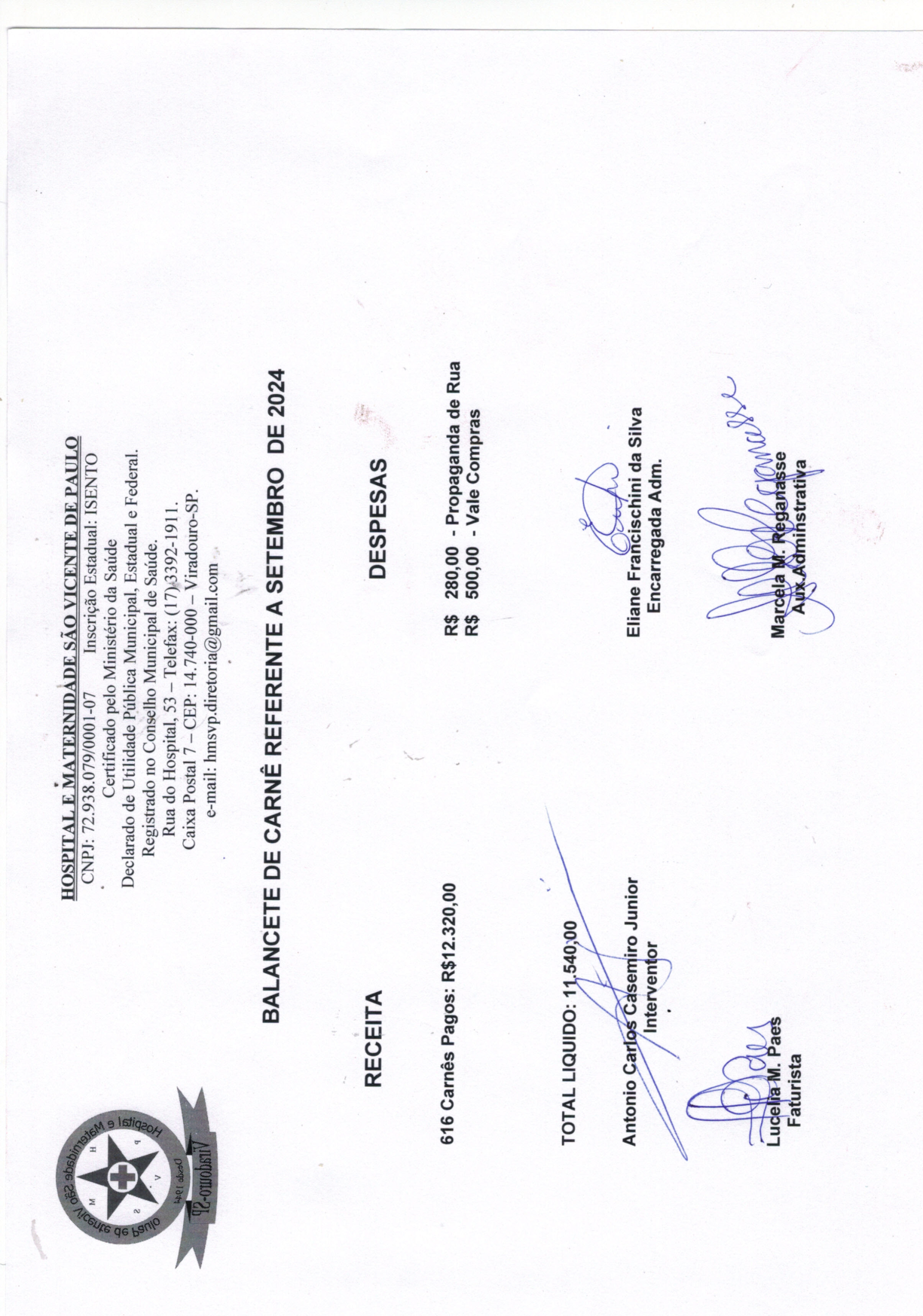 BALANCETE DE CARNÊS REFERENTE A SETEMBRO 2024