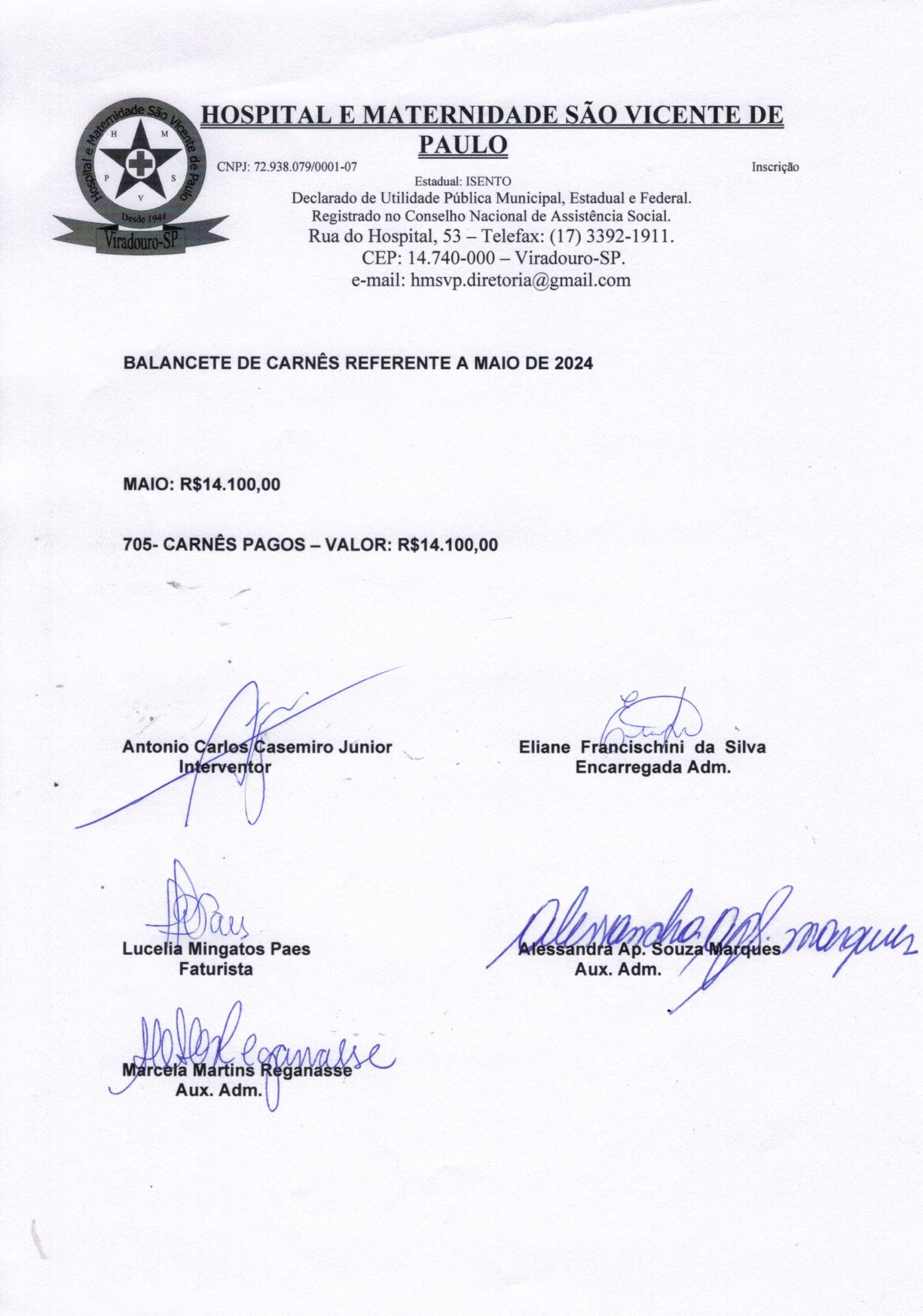 Balancete de Carnês Referente a Maio de 2024