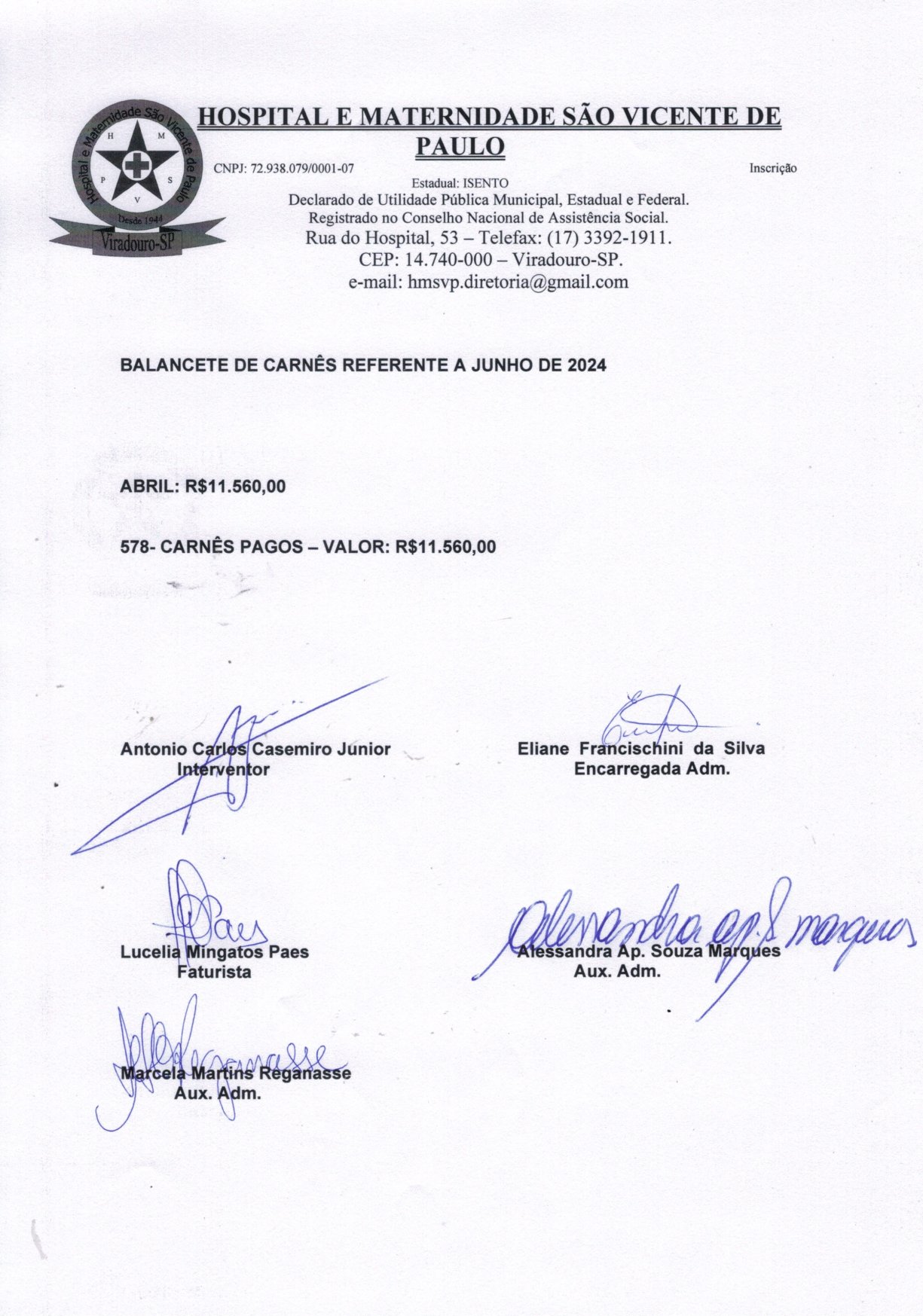 	Balancete de Carnês Referente a Junho de 2024