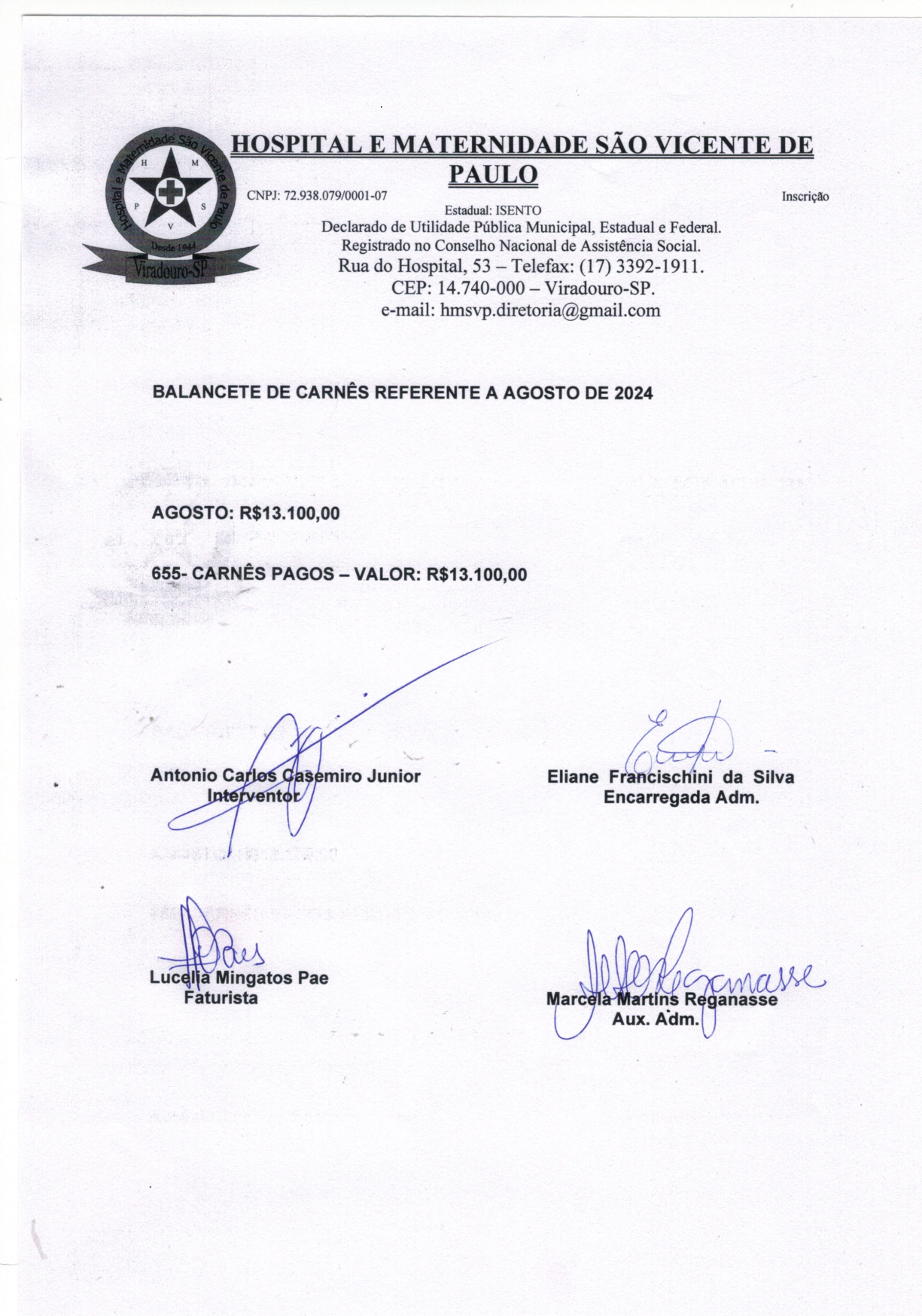 BALANCETE DE CARNÊS REFERENTE A AGOSTO 2024