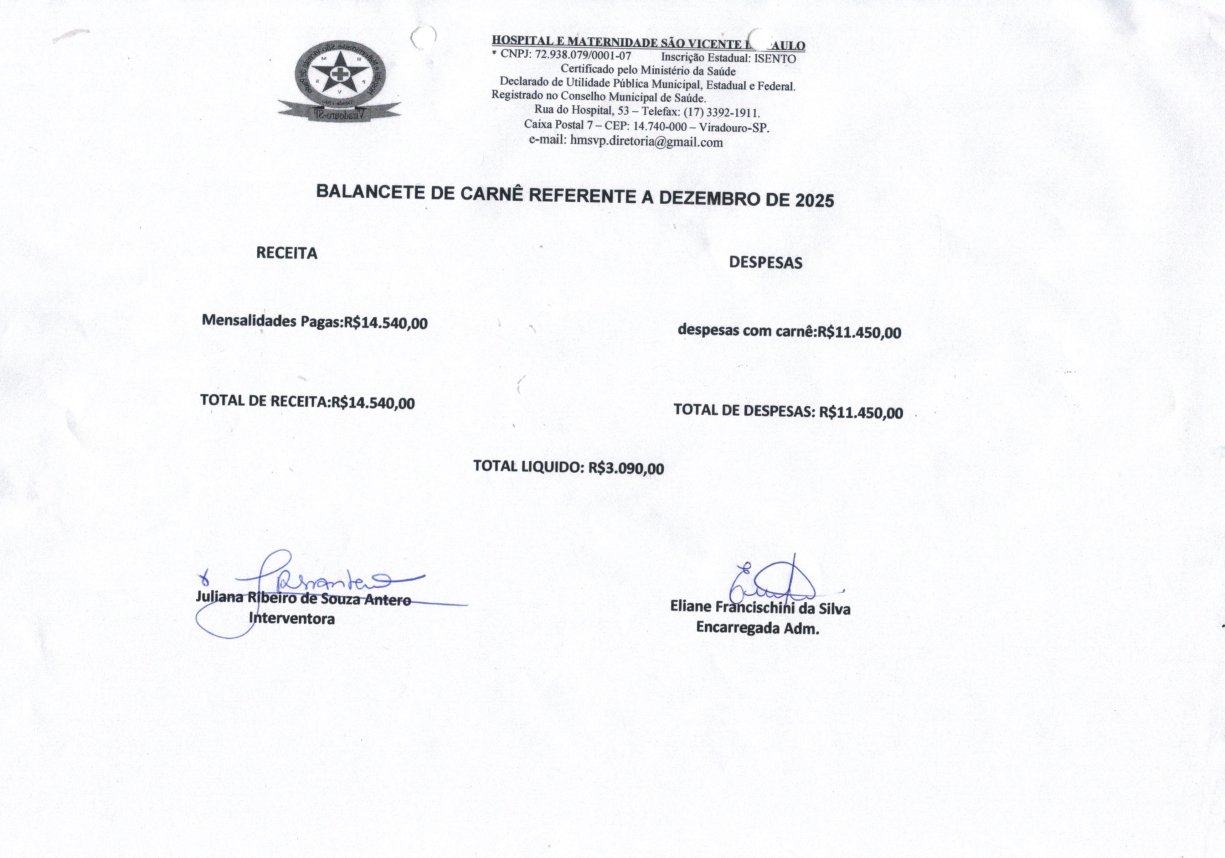 BALANCETE DE CARNÊS REFERENTE A DEZEMBRO 2025