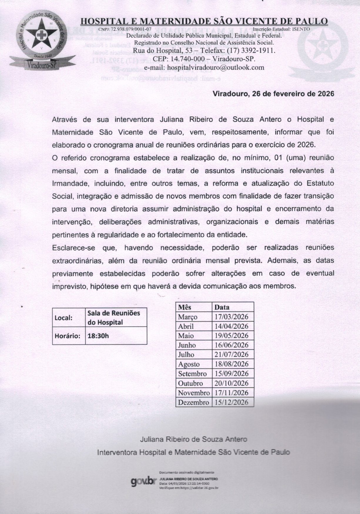 CRONOGRAMA DE REUNIÕES DA IRMANDADE 2026