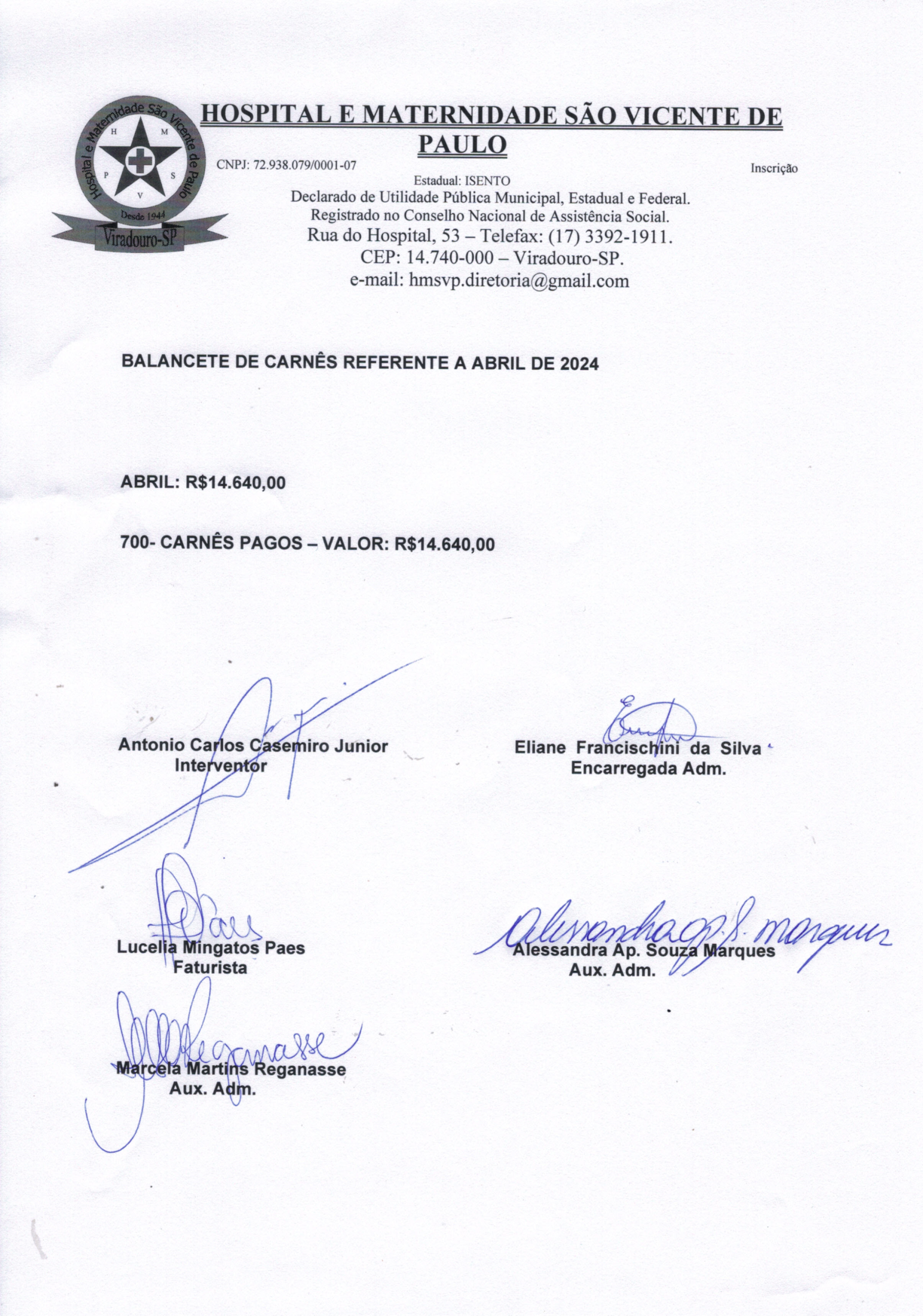 Balancete de Carnês Referente a Abril de 2024